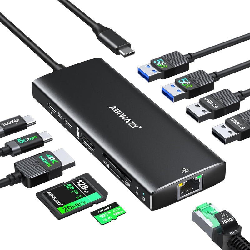 ABIWAZY USB C Hub Multiport Adapter, 10 in 1 USBC to Ethernet Adapter with 4K HDMI, Ethernet Gigabit, 100W PD, USB-C Data Port and SD/TF Slot for MacBook Pro/Air, Dell XPS, iPad Pro, Galaxy (Black) - Image 1